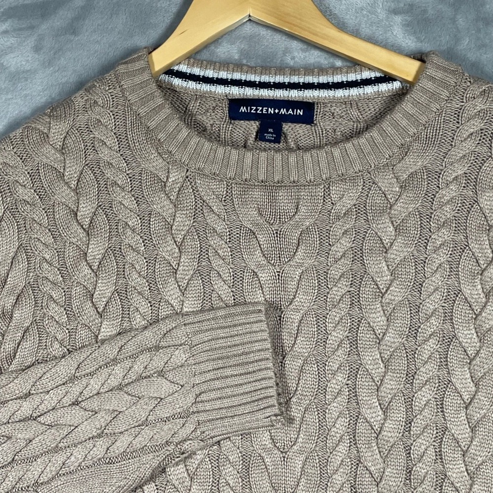 Mizzen+Main Mens XL Tan Beige Cable Knit Crewneck Sweater 1SW-0888 Rayon Blend